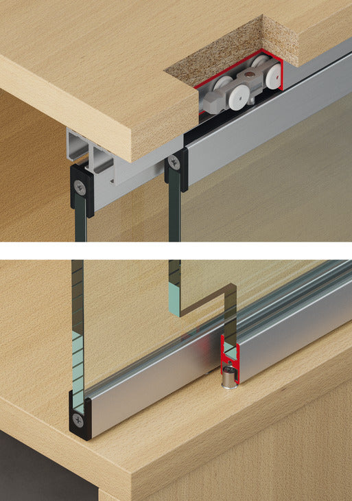 Häfele 402.33.034 Sliding Door Hardware, Slido F-Line21 12D/20D, Set, Infront, for 2 doors, with clip-in door stopper