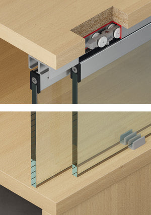 Häfele 402.33.036 Sliding Door Hardware, Slido F-Line21 12D/20D, Set, Infront, for 2 doors, with soft and self closing mechanism on both sides, 20 kg (44 lbs.)