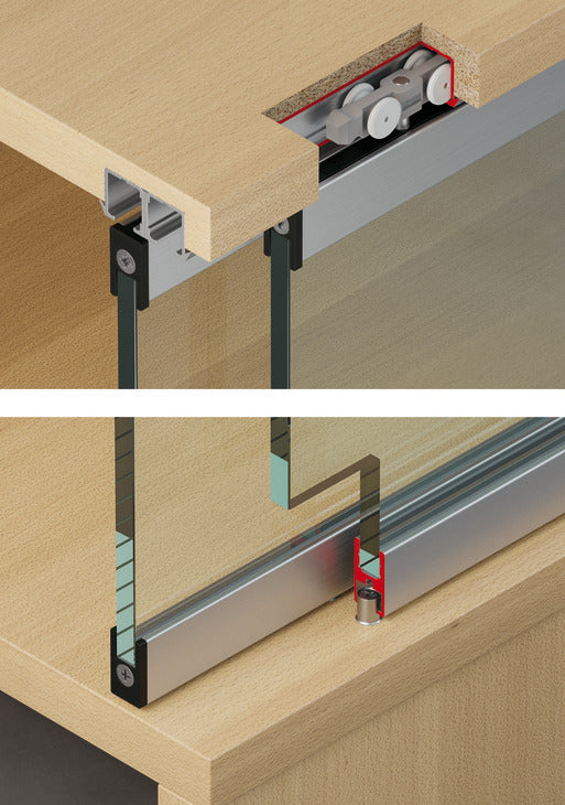 Häfele 402.33.039 Sliding Door Hardware, Slido F-Line21 12D/20D, Set, Infront, for 2 doors, with soft and self closing mechanism on both sides, 12 kg (26.4 lbs.)