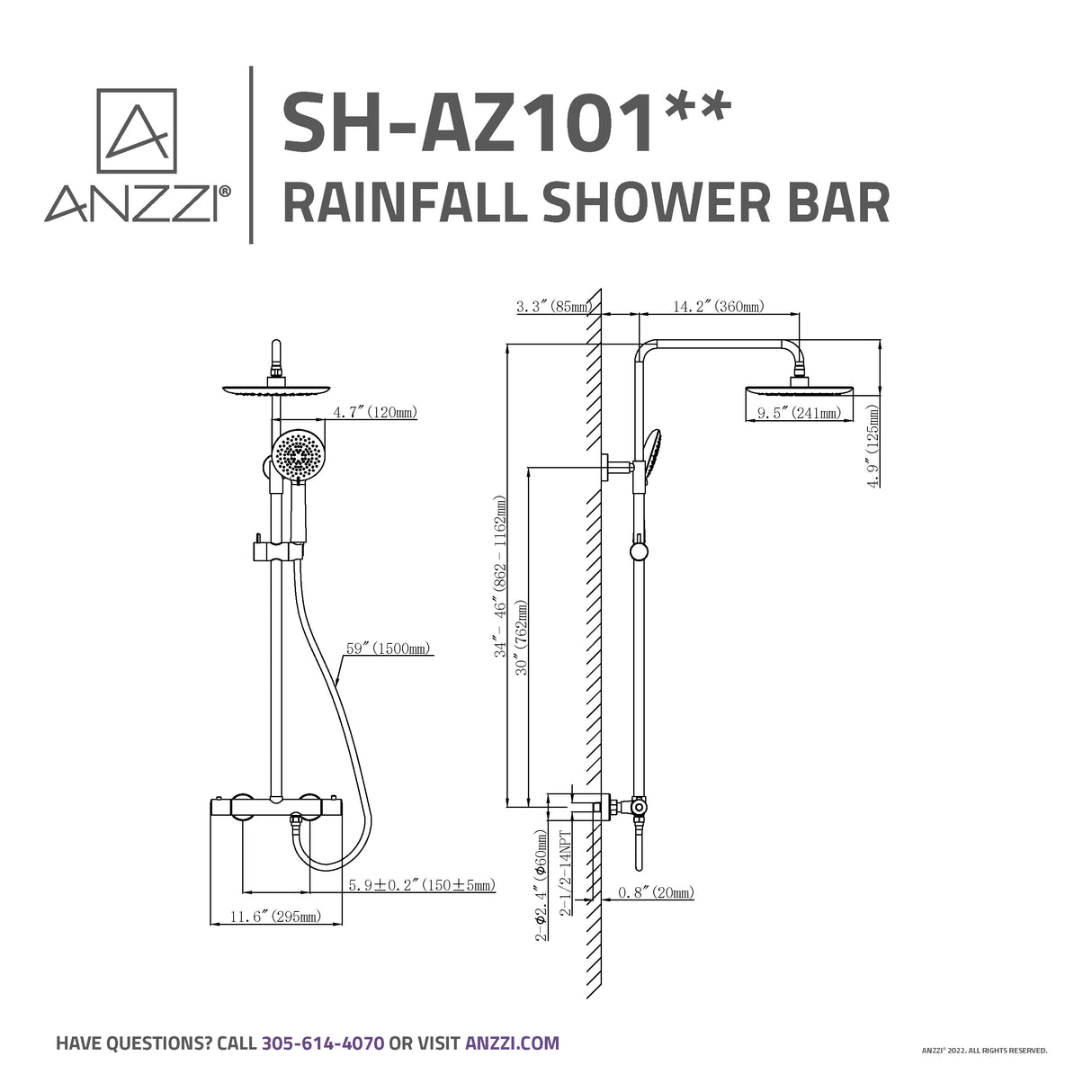 ANZZI SH-AZ101BG Heavy Rainfall Stainless Steel Shower Bar with Hand Sprayer in Brushed Gold