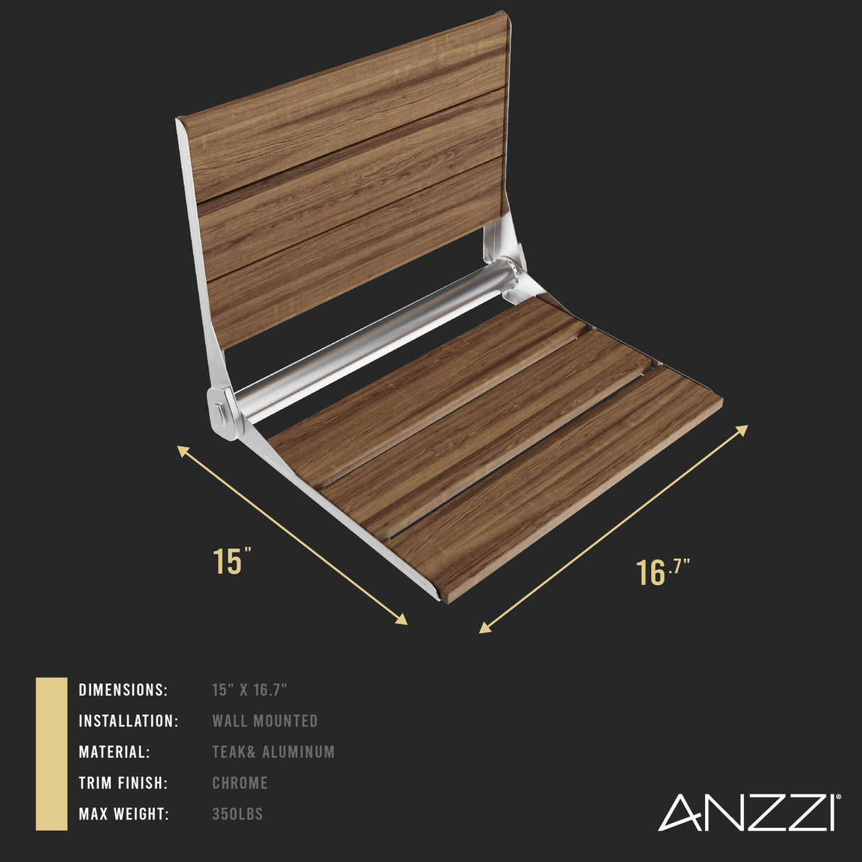 ANZZI AC-AZ203 Saxon 17 in. Teak Wall Mounted Folding Shower Seat