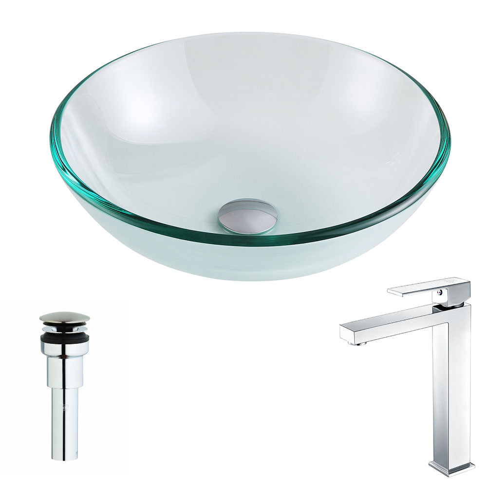 ANZZI LSAZ087-096 Etude Series Deco-Glass Vessel Sink in Lustrous Clear with Enti Faucet in Chrome