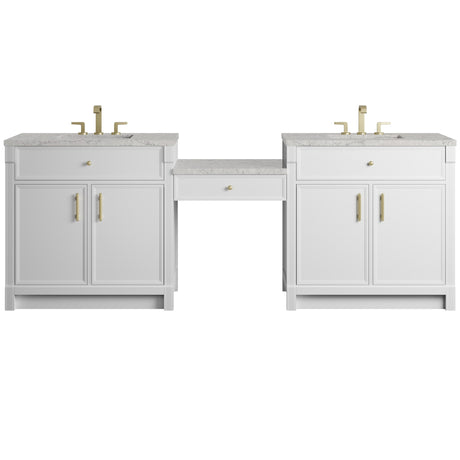 Bellshire 96" Dual Vanity Set with 24" Make-Up Counter, Bright White w/3 cm Eternal Jasmine Pearl Silestone Top