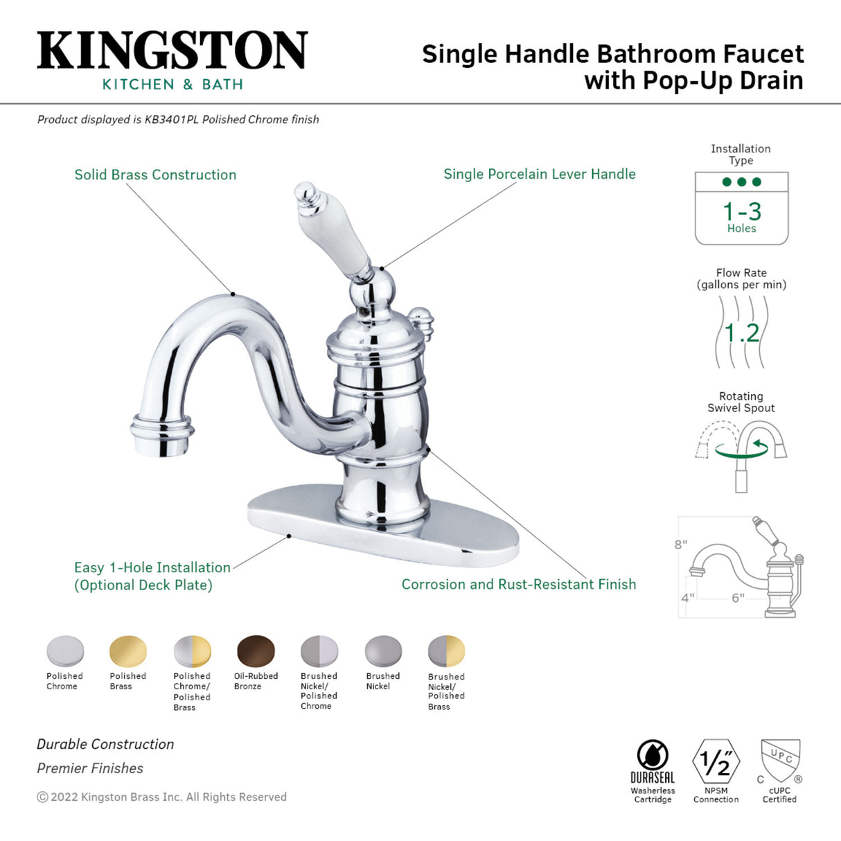 Kingston Brass KB3401PL Victorian 4" Centerset Single Handle Bathroom Faucet, Polished Chrome