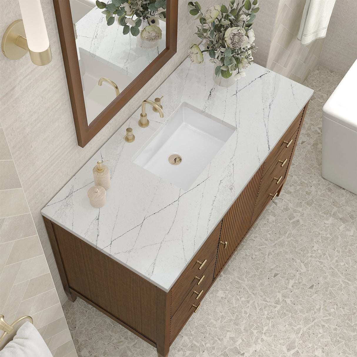 Myrrin 48" Single Vanity, Mid Century Walnut w/ 3 CM Ethereal Noctis Silestone Top
