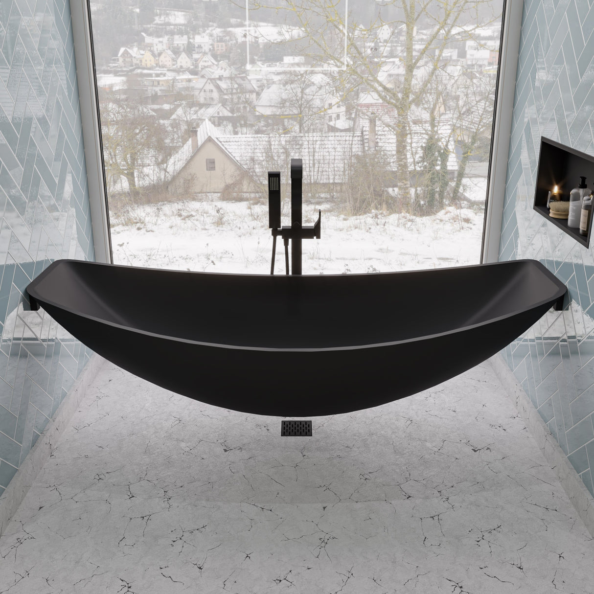 Black Matte Single Lever Floor Mounted Tub Filler Mixer w Hand Held Shower Head