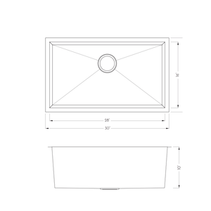 DAX Stainless Steel Handmade Single Bowl Undermount Kitchen Sink, 30", Brushed Stainless Steel DAX-SQ-3018-X