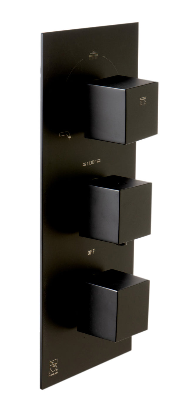 Black Matte 3-Way Thermostatic Valve Shower Mixer Square Knobs