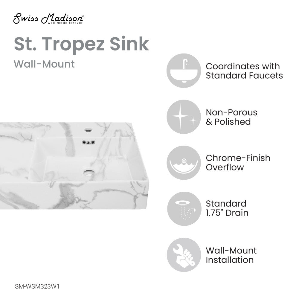 St. Tropez 24" Right Side Faucet Wall-Mount Bathroom Sink in White Marble