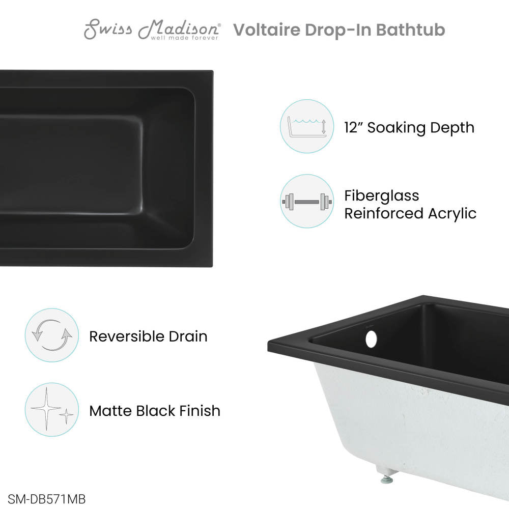 Voltaire 48"x32" Reversible Drain Drop-In Bathtub in Matte Black