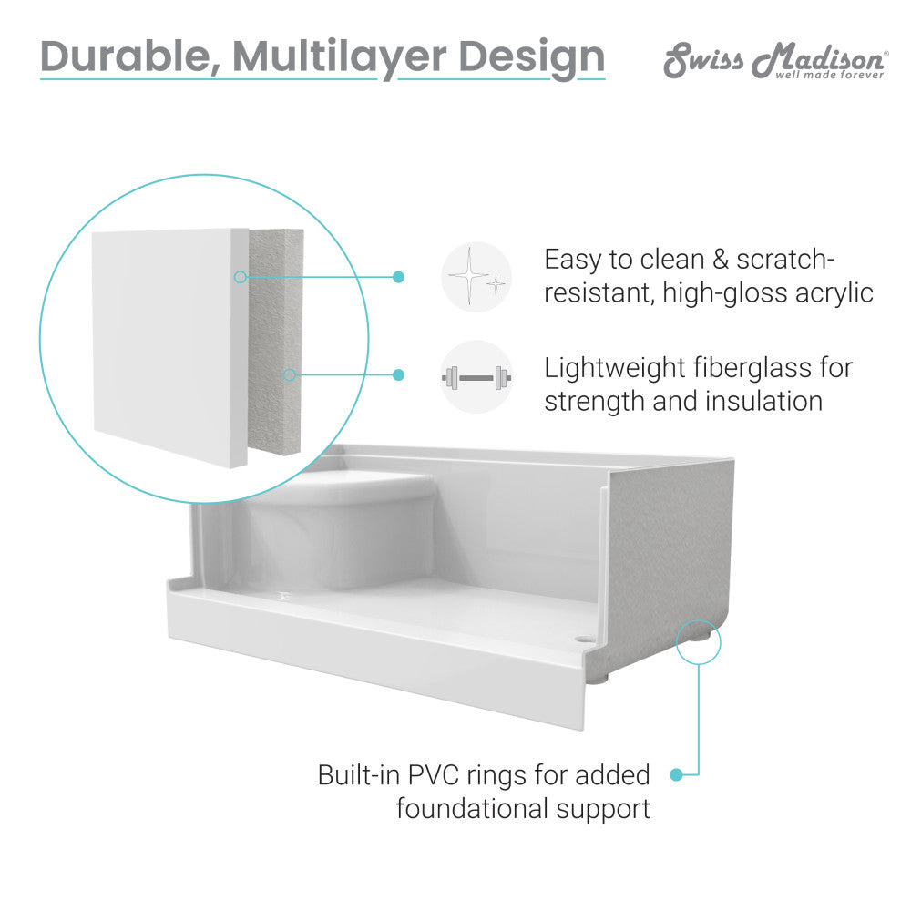 Aquatique 60 X 32 Single Threshold Shower Base With Right Hand Drain and Integral Left Hand Seat in White