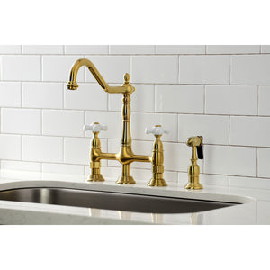 Kingston Brass KS1277PXBS Heritage Bridge Kitchen Faucet with Brass Sprayer, Brushed Brass