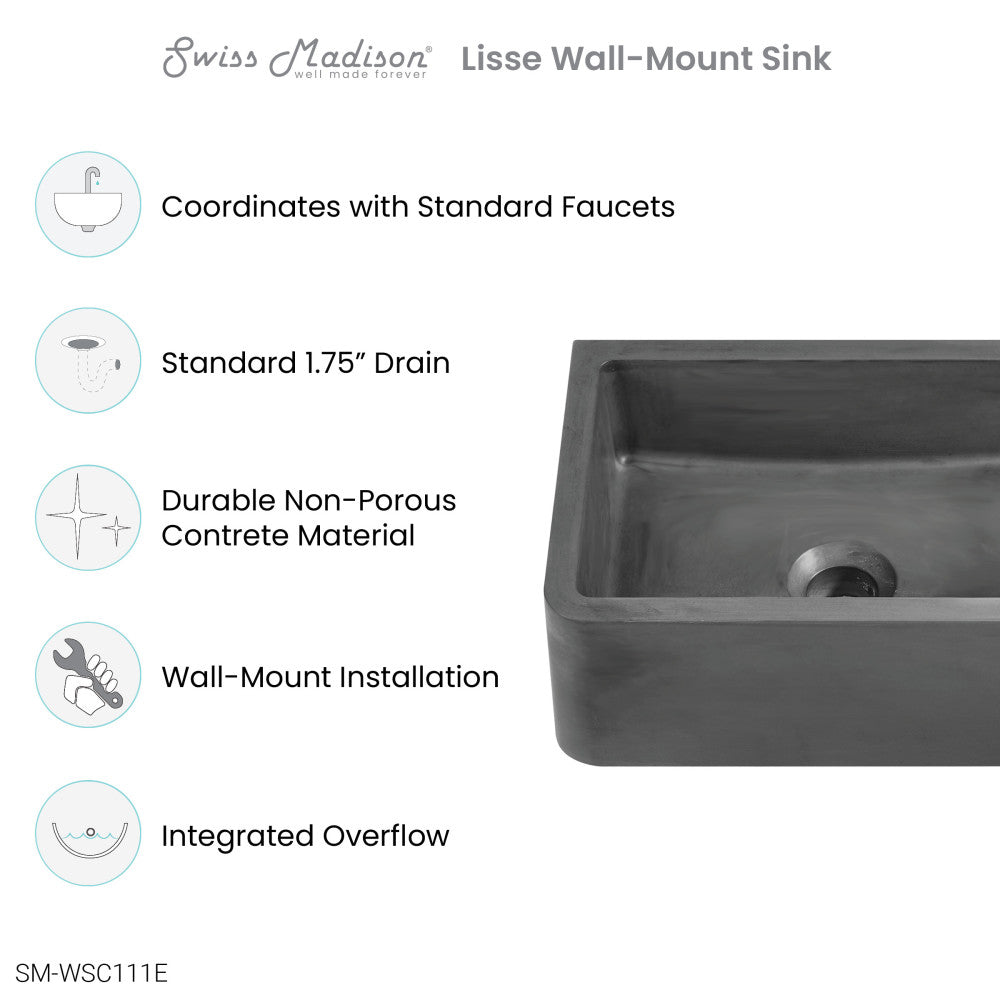 Lisse 17.5" Rectangle Concrete Wall-Mount Bathroom Sink in Dark Grey