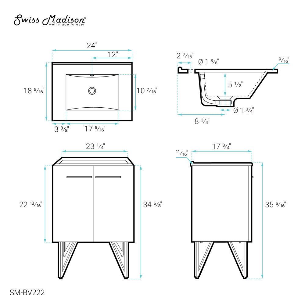 Annecy 24 Single, Black Walnut, Two Doors, Bathroom Vanity