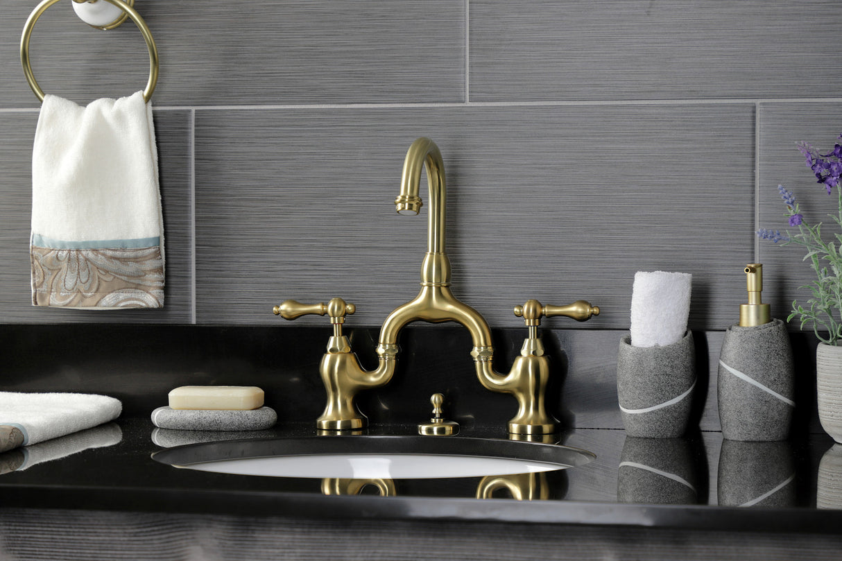 Kingston Brass KS7997AL English Country Bridge Bathroom Faucet with Brass Pop-Up, Brushed Brass