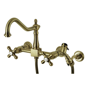 Kingston Brass KS1243AXBS Heritage Wall Mount Bridge Kitchen Faucet with Brass Spray, Antique Brass