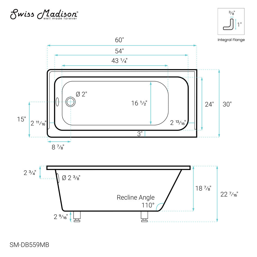 Voltaire 60" X 30" Left-Hand Drain Alcove Bathtub in Matte Black