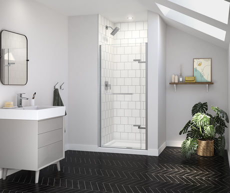 MAAX 139575-900-084-000 Reveal Sleek 71 32 ½-35 ½ x 71 ½ in. 8mm Pivot Shower Door for Alcove Installation with Clear glass in Chrome