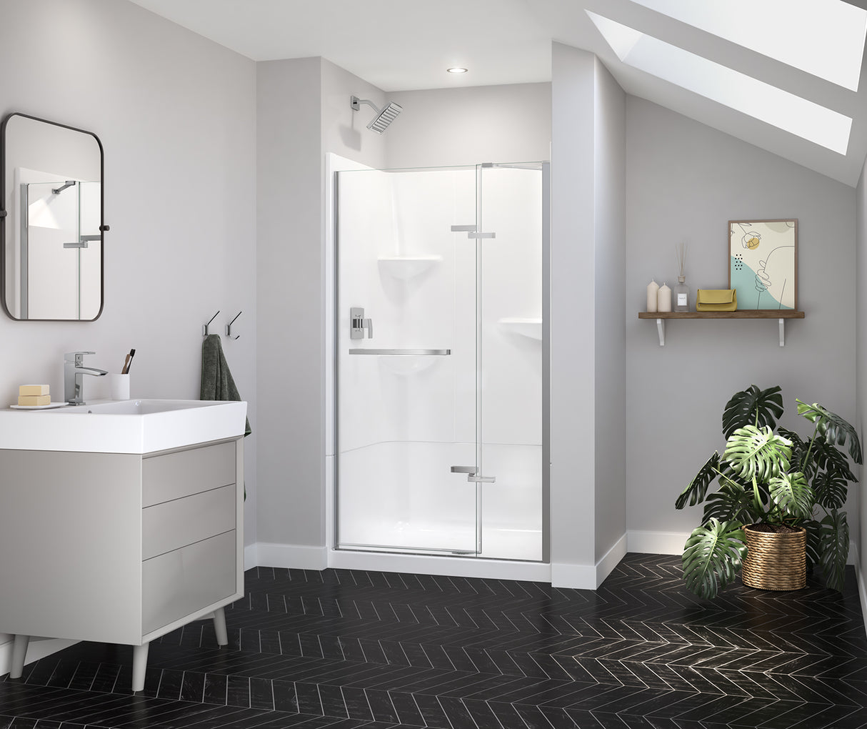 MAAX 139577-900-084-000 Reveal Sleek 71 41 ½-44 ½ x 71 ½ in. 8mm Pivot Shower Door for Alcove Installation with Clear glass in Chrome