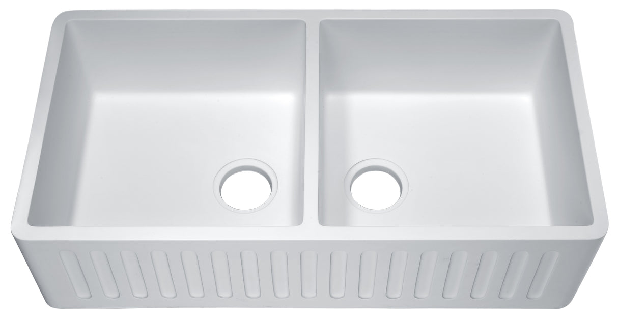 ANZZI K-AZ223-2A Roine Farmhouse Reversible Apron Front Solid Surface 35 in. Double Basin Kitchen Sink in White
