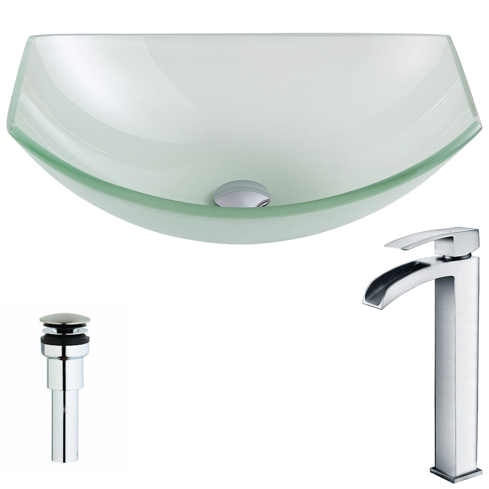 ANZZI LSAZ085-097 Pendant Series Deco-Glass Vessel Sink in Lustrous Frosted with Key Faucet in Polished Chrome