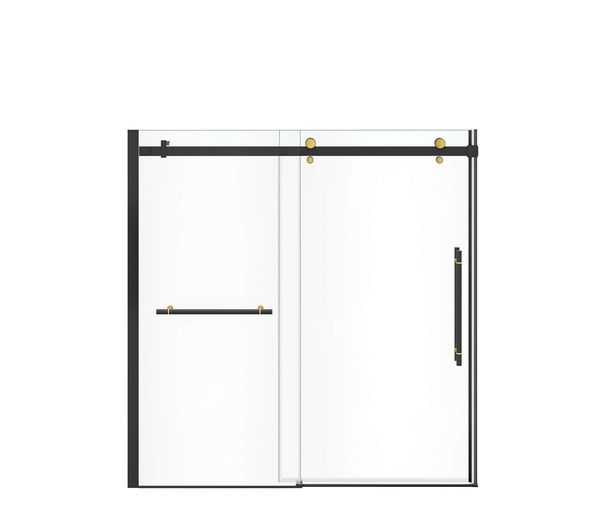 MAAX 138485-900-380-000 Vela 56 ½-59 x 59 in. 8 mm Sliding Tub Door with Towel Bar for Alcove Installation with Clear glass in Matte Black and Brushed Gold