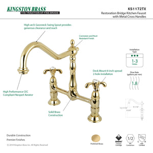Kingston Brass KS1172TX French Country Bridge Kitchen Faucet, Polished Brass