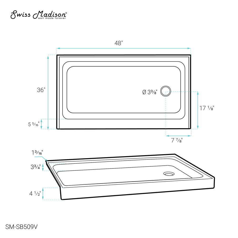 Voltaire 48 x 36 Single-Threshold, Right-Hand Drain, Shower Base in Biscuit