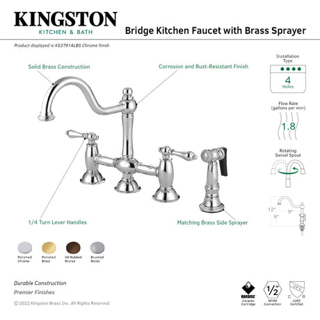 Kingston Brass KS3795ALBS Restoration Bridge Kitchen Faucet with Brass Sprayer, Oil Rubbed Bronze