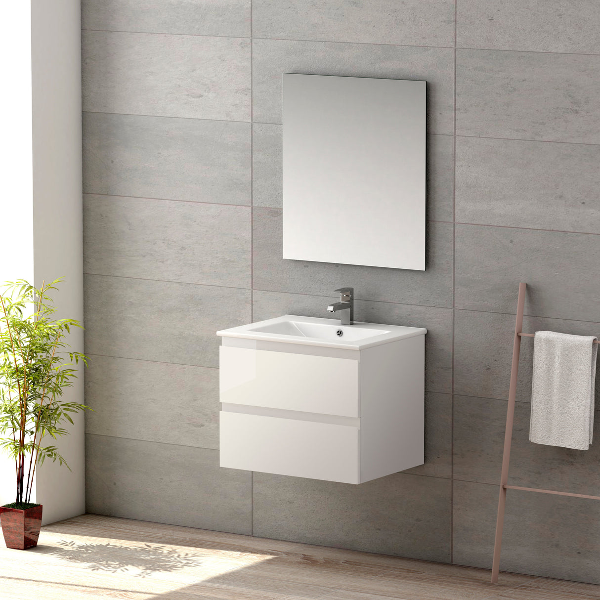 DAX Pasadena Engineered Wood and Porcelain Onix Basin with Single Vanity Cabinet, 24", Glossy White DAX-PAS012411-ONX