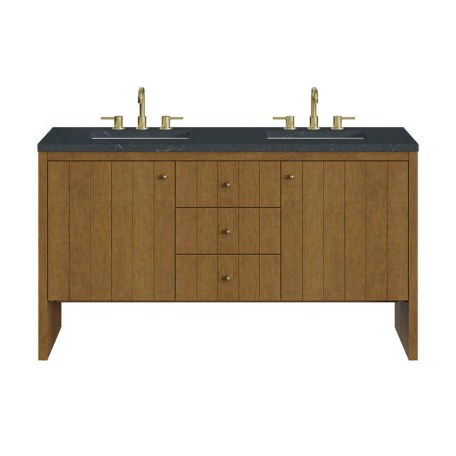 Hudson 60" Double Vanity, Honey Oak w/ 3 CM Charcoal Soapstone Silestone Top