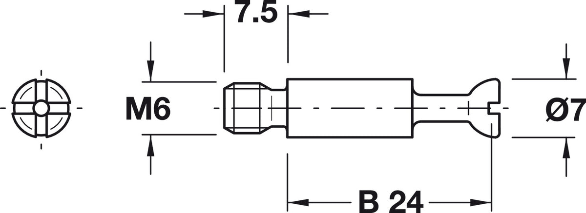 Häfele 262.27.941 Connecting Bolt, Minifix® S100, with thread M6, Bolt hole 8 mm, bolt head Ø 7 mm, Drilling distance B: 24 mm, galvanized, thread length L: 12 mm
