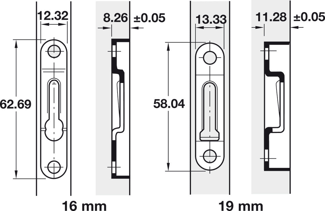 Häfele 262.47.048 Modular Connector, Non-Locking, Steel, Panel thickness 16 mm, Model # 4061-PH