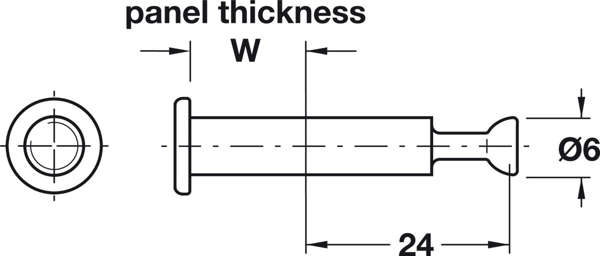 Häfele 262.27.765 Capped Bolt, Minifix® system, bolt hole 8 mm, for 8 mm holes, Side Panel Thickness W: 19 mm, Drilling Dimension B: 24 mm, Nickel-Plated