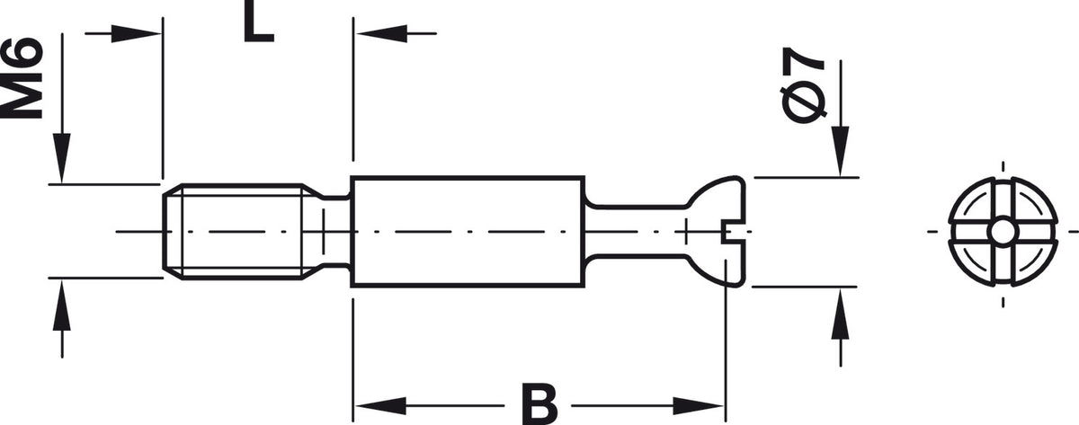 Häfele 262.27.941 Connecting Bolt, Minifix® S100, with thread M6, Bolt hole 8 mm, bolt head Ø 7 mm, Drilling distance B: 24 mm, galvanized, thread length L: 12 mm
