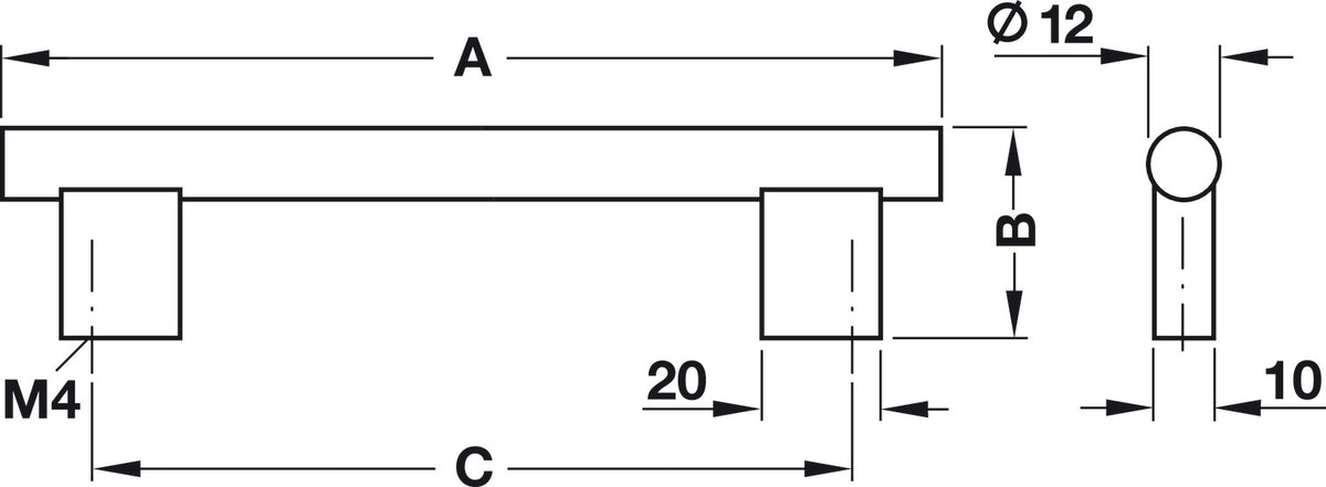Häfele 106.74.909 Bar Pull, Ø (1/2") 12 mm, available with logo lettering, Matt, Aluminum, Cabinet width: 800 mm (31 1/2"), dim. A: 690 mm (27 3/16"), dim. B: 35 mm (1 3/8"), dim. C: 660 mm (26"), silver colored anodized