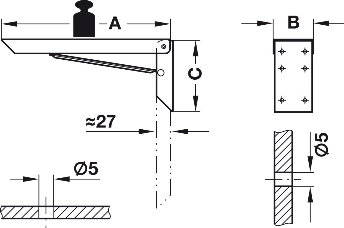 Häfele 287.54.726 Folding Bracket, with Locking Device, 100 kg, Steel, Dimensions (AxBxC): 250 x 61 x 115 mm, white coated