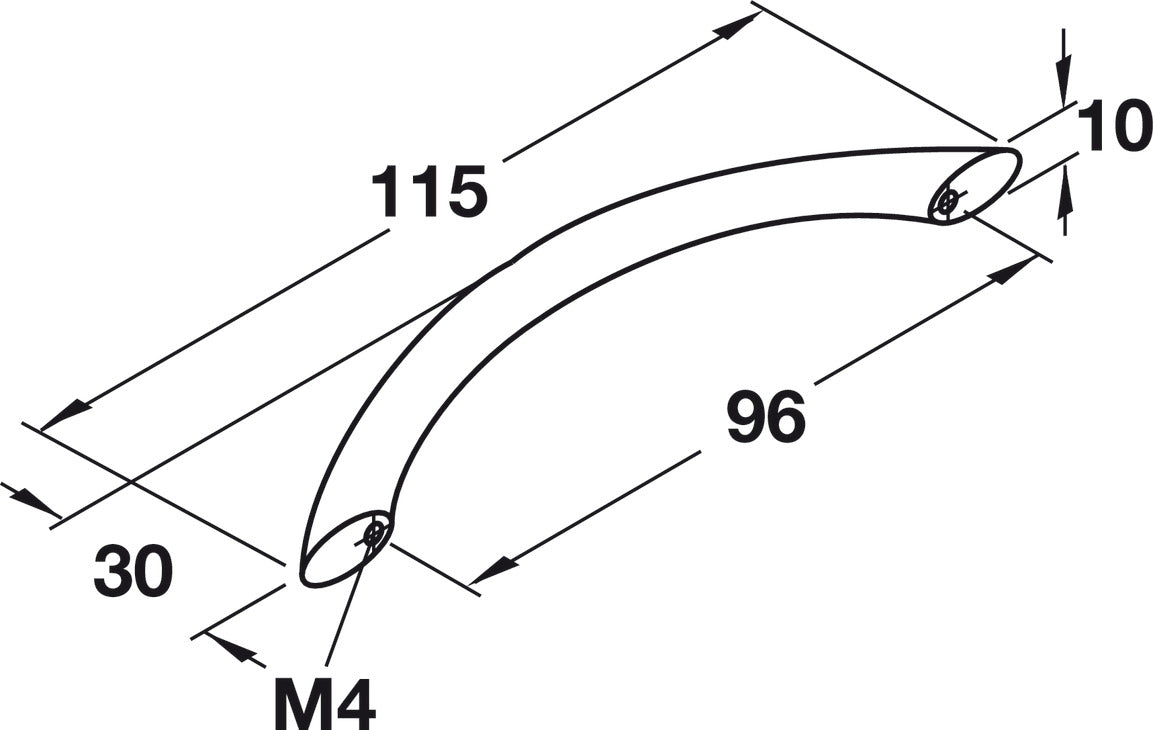 Häfele 155.00.820 Bow Pull, Ø (3/8") 10 mm, Steel, Dim. A: 112 mm (4 7/16"), dim. B: 30 mm (1 3/16"), dim. C: 96 mm (3 3/4"), polished chrome