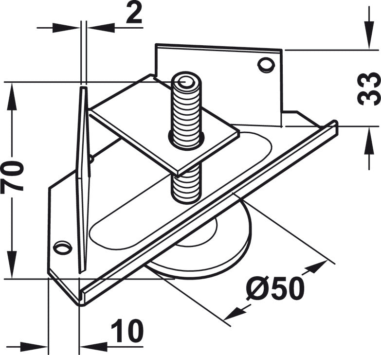 Häfele 637.23.900 Base Leveler, with Supporting Bracket, Load-bearing capacity 150 kg (330 lbs), steel, galvanized, M10 x 70 mm threaded spindle