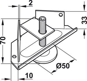 Häfele 637.23.900 Base Leveler, with Supporting Bracket, Load-bearing capacity 150 kg (330 lbs), steel, galvanized, M10 x 70 mm threaded spindle