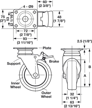 Häfele 663.25.924 Swiveling Caster, Plate Mount, with Brake, Wheel Ø75 mm (3")