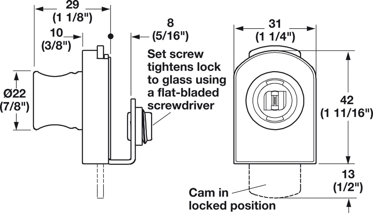 Häfele 233.18.600 Timberline - Glass Door Lock, Horizontal Installation, modular removable core locking system, Matte nickel