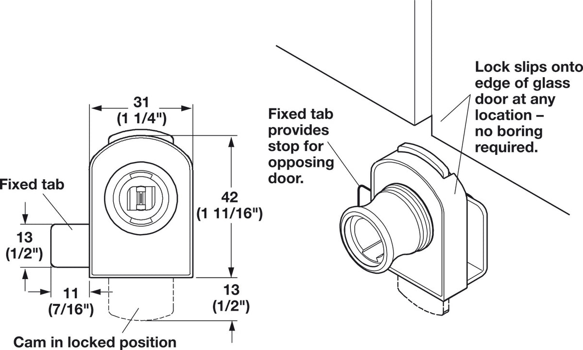 Häfele 233.18.660 Timberline - Glass Door Lock, Double Door, modular removable core locking system, Matte nickel