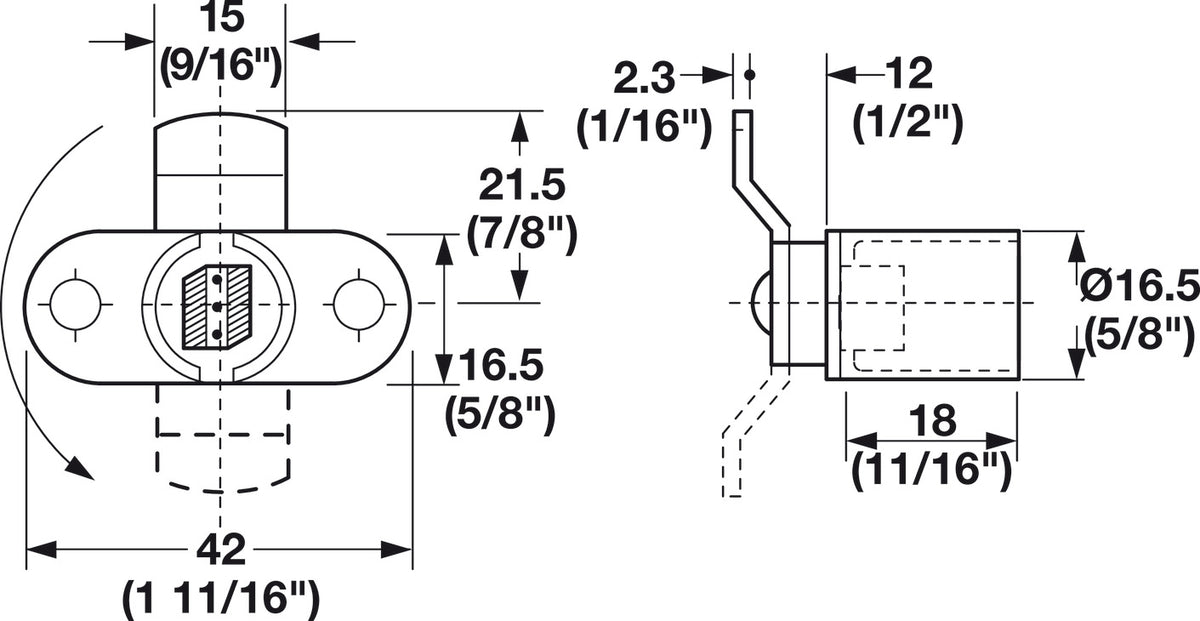 Häfele 235.08.018 Timberline - Cam Lock Body, with Outward-Offset Cam, modular removable core locking system, Horizontal installation drawer, 90°