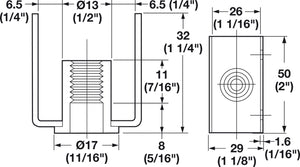 Häfele 637.95.321 Threaded U-Bracket, for 1" Material, With 1/4"-20 thread