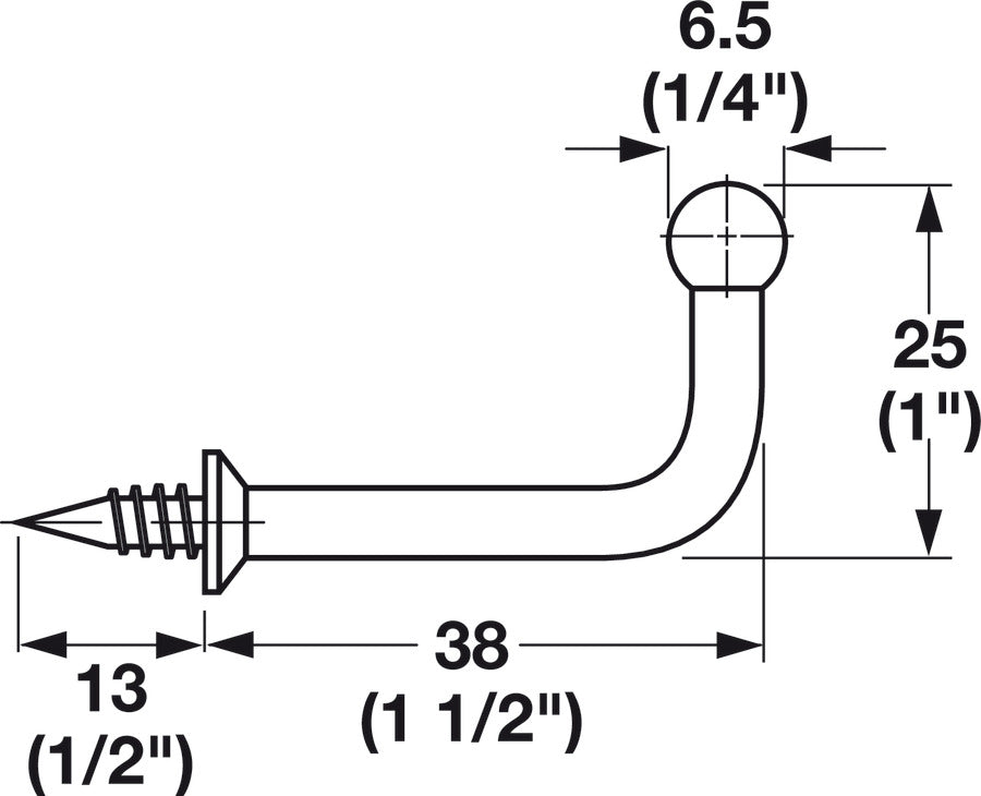 Häfele 510.86.201 Ball Point Hook, Fits into 4 mm Holes, Chrome-plated; 1 1/2" projection