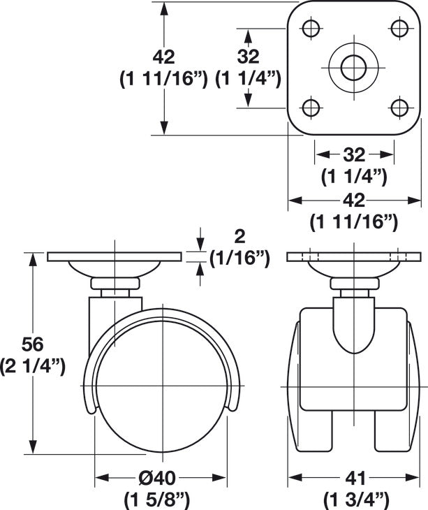 Häfele 660.04.331 Twin Wheel Caster, Plate Mount, Load-Bearing Capacity 77 lbs., Ø40 mm, Without brake