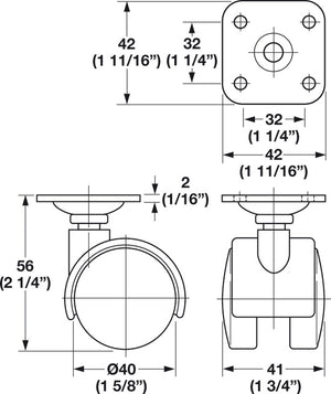 Häfele 660.04.331 Twin Wheel Caster, Plate Mount, Load-Bearing Capacity 77 lbs., Ø40 mm, Without brake