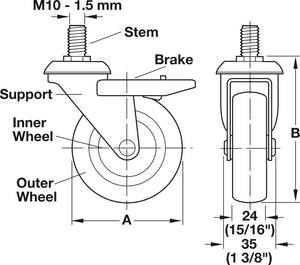 Häfele 663.25.922 Swiveling Caster, M10 Stem, Load-Bearing Capacity 66 lbs., Wheel Ø75 mm (3")