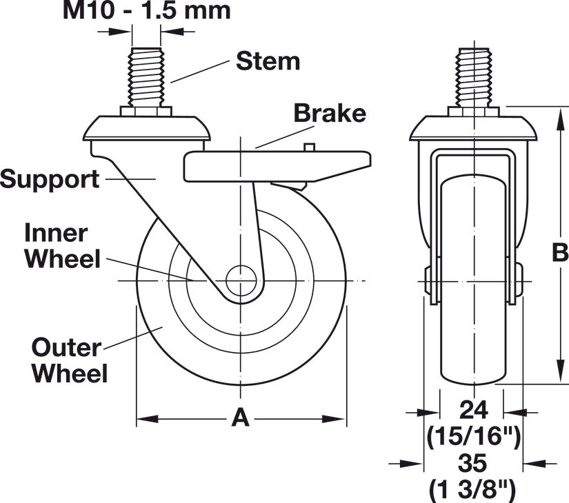 Häfele 663.25.932 Swiveling Caster, M10 Stem, Load-Bearing Capacity 66 lbs., Wheel Ø100 mm (4")